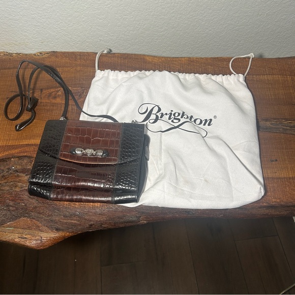 Brighton Leather Crossbody Bag Black and Brown with dust Bag snap closure - Picture 1 of 11